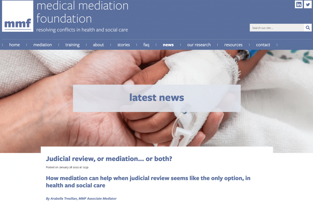 Screenshot of https://www.medicalmediation.org.uk/news/news/judicial-review-or-mediation-or-both-/