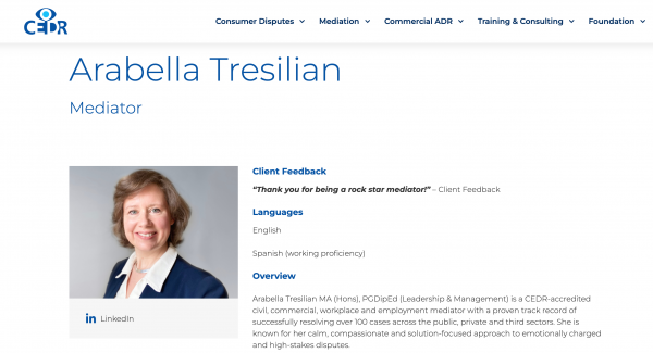 Arabella Tresilian's profile on CEDR's panel of mediators