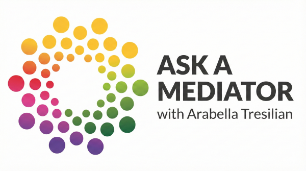 an image in 1200 × 675 px, with the words 'Ask A Mediator' in large letters and 'with Arabella Tresilian' in smaller letters underneath - in Lato font - with Arabella's icon
